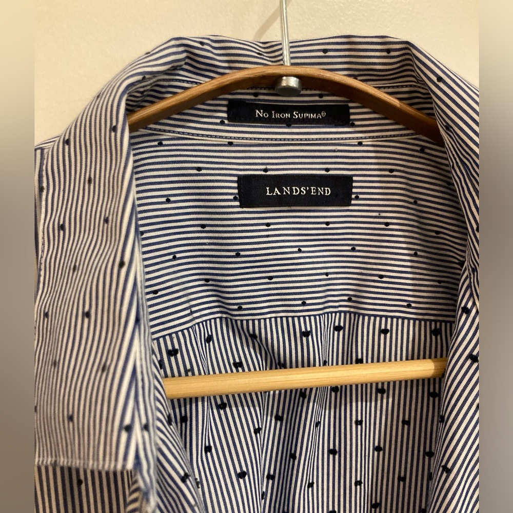 Lands end -no iron Supima navy stripe/dot shirt